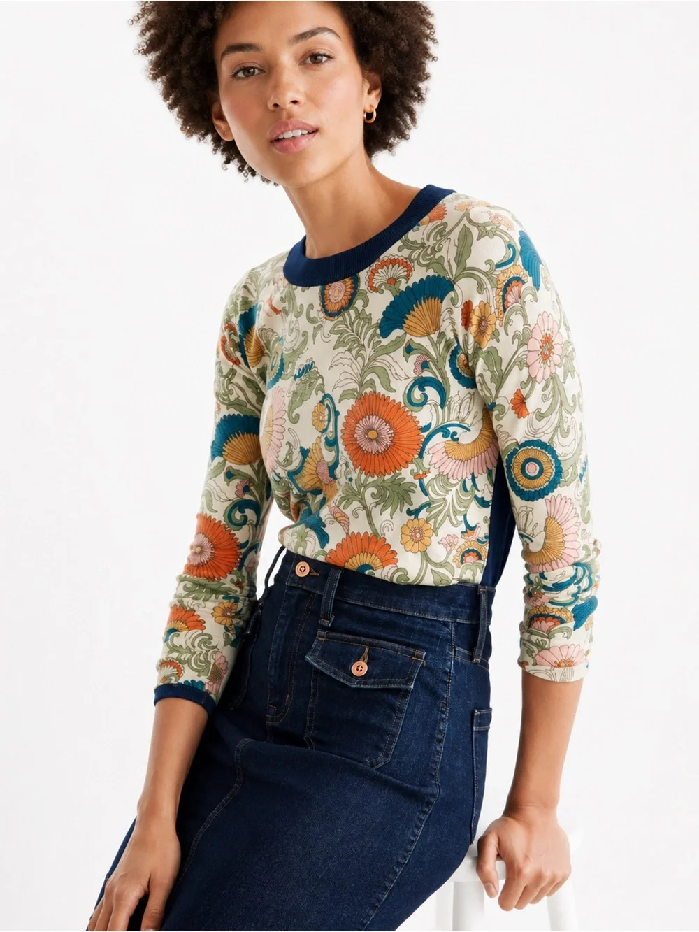 J.Crew Tippi Liberty Floral Merino Wool Sweater XS Fine Knit 3 4 Sleeve